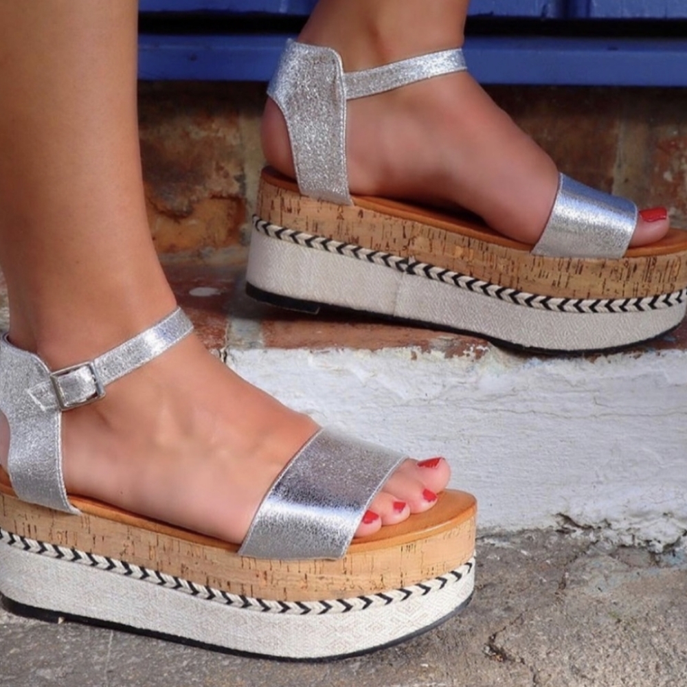 Menina Silver Metallic Cork Platform Sandals 8 Wedge Summer Festival